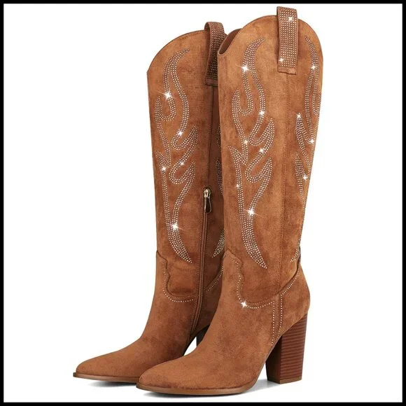 Knee High Cowboy Boots Suede Rhinestone Embroidered Western Chunky Heel Pointed - Picture 1 of 7